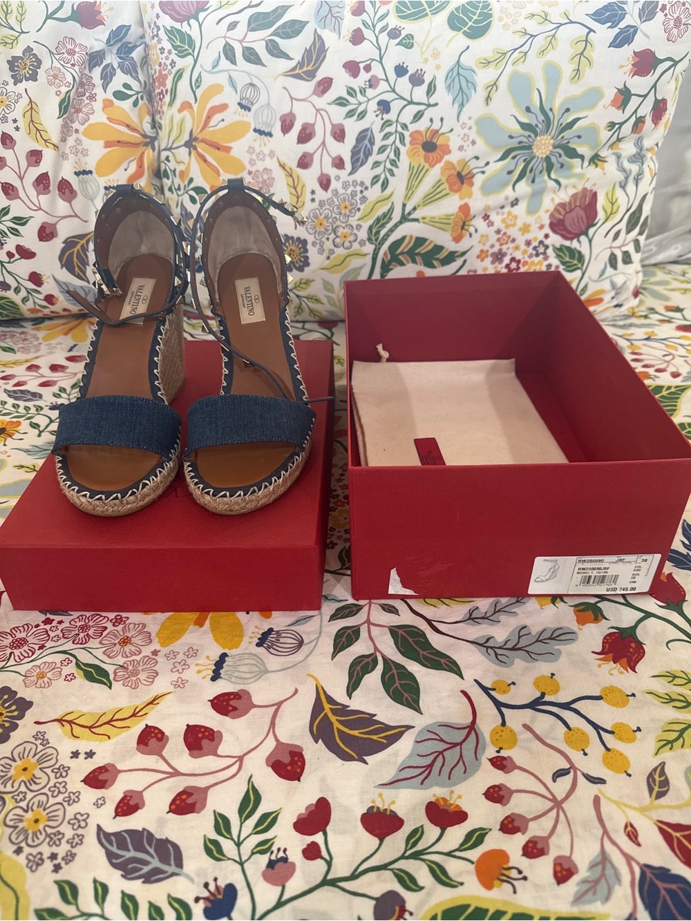 Valentino Blue Denim Espadrille Wedge Sandals with Ankle Wrap